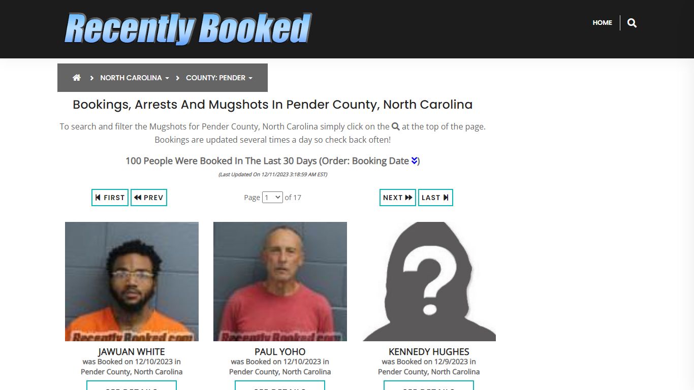 Bookings, Arrests and Mugshots in Pender County, North Carolina